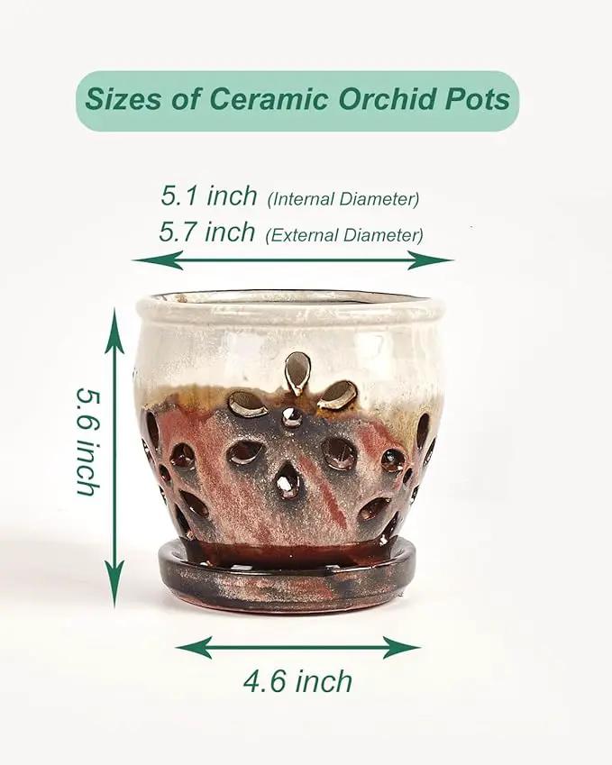vensovo 5 Inch Ceramic Orchid Pots with Holes and Saucers - 1 Pcs Small Succulent Pot for Repotting, Garden Flowerpots for Plants Indoor and Outdoor Promotes Air Circulation, Brown Mixed
