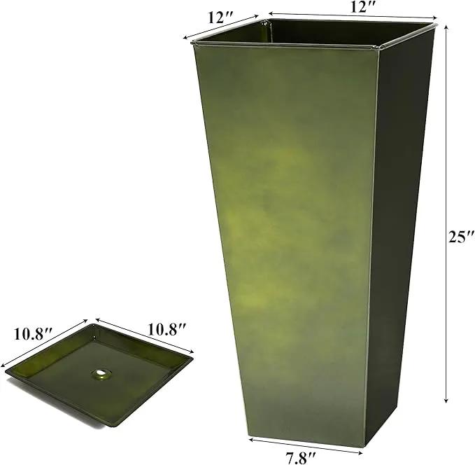 WORTH Garden 25" Large Metal Glazed Planter Set of 2, Luxurious Glossy Finish Green Tall Square Tapered Steel Plant Pots, Decor Flower Pot Indoor & Outdoor, Drainage Hole & Dual-Purpose Plant Saucer by GreenHaven Gardens