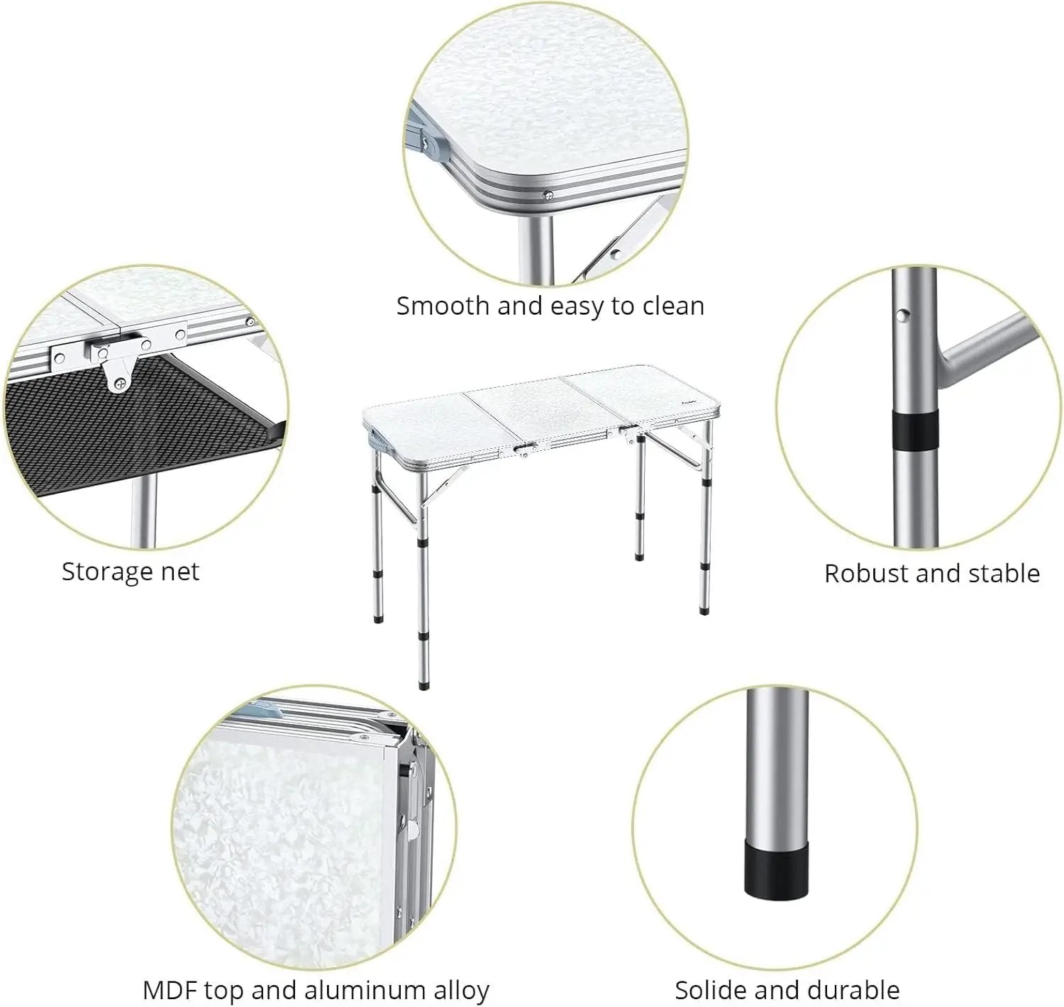 Folding Camping Table with Storage Net, 3ft Camping Table Aluminum Folding Table with 3 Adjustable Height Max 27.1 Inch, Portable, for Outdoor Backyard BBQ, Silver by GreenHaven Gardens
