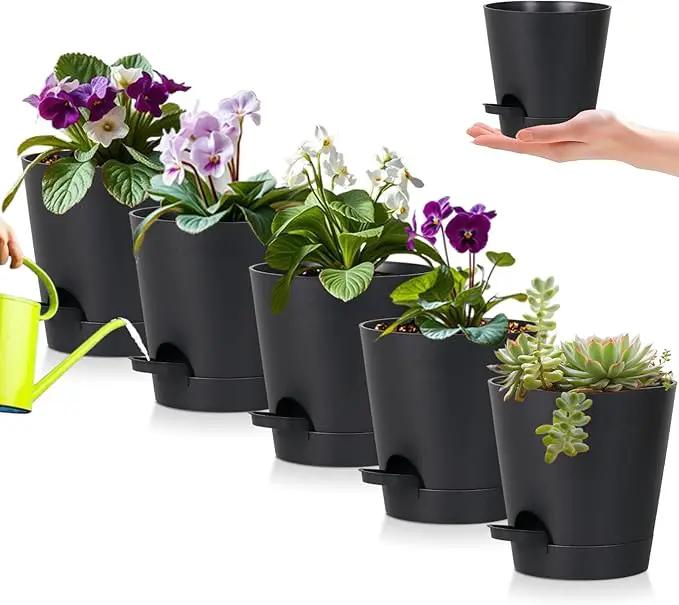 5 Pack 5 inch Self-Watering Pots, African Violets Planter with Drainage Holes and Reservoir, Black Plastic Planter for Indoor Outdoor Plants Flowers and Houseplants Black, 5 inch 5 pcs by GreenHaven Gardens