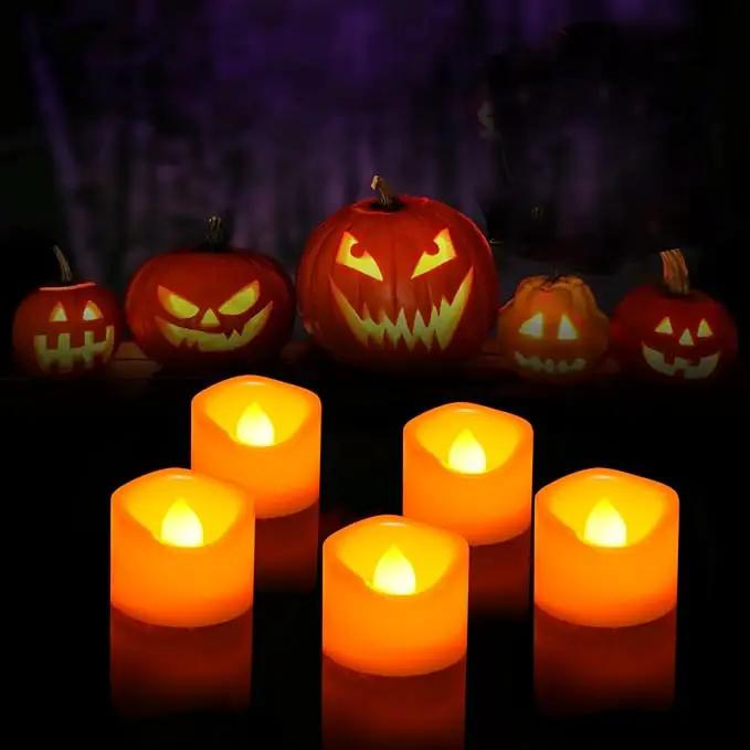 CANDLE CHOICE Battery Operated Flameless Tea Lights Orange Flickering LED Electric Fake Votive Tealight Candles Halloween Pumpkin Thanksgiving Christmas Decorations Centerpieces 24 Pack Batteries Incl by GreenHaven Gardens