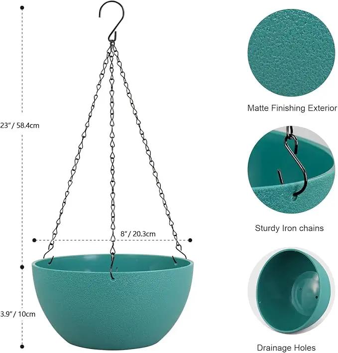 8 inch Small Hanging Planters Plant Pots for Indoor Outdoor Plants, 2 Pack Hanging Flower Pots with Drainage Holes and Chain for Garden, Plastic Hanging Baskets for House Plants, Blue Green by GreenHaven Gardens