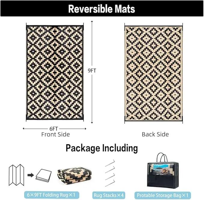 Outdoor Plastic Straw Rug, Waterproof Mat, Washable Large Floor Mat and Rug for Outdoors, RV, Beach, Patio, Camping, Backyard, Deck, Picnic, Indoor Outside (6x9ft,Geometry/Black&Beige) by GreenHaven Gardens