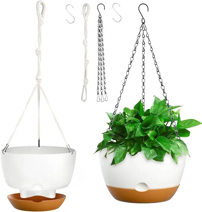 10 Inch Hanging Planters for Indoor & Outdoor Plants (2 Pack) - Self-Watering & Drainage Flower Pots with 2 Kinds of Plant Hangers for Home Decor & Garden (White, 10 in) by GreenHaven Gardens
