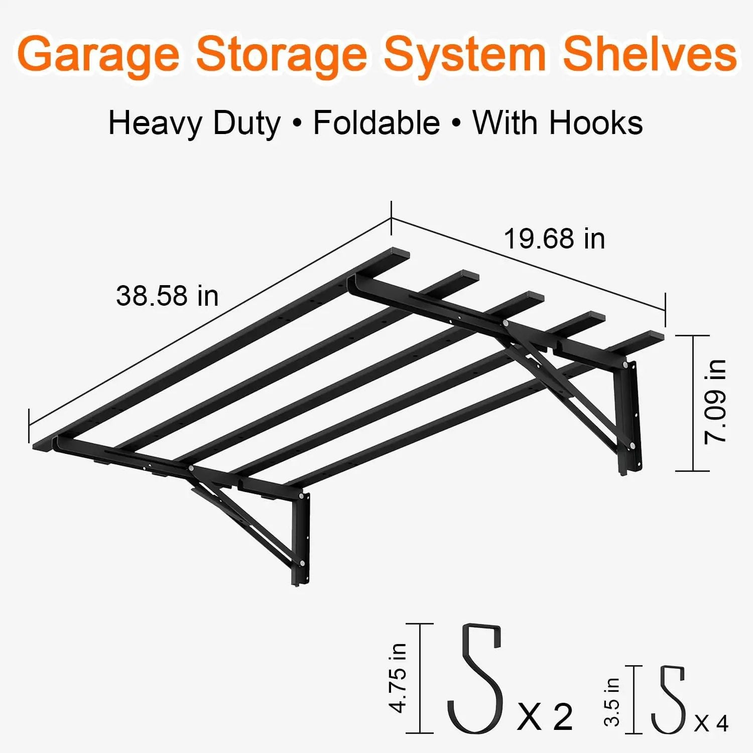 2-Pack Garage Storage System Shelves 3.21x1.64 ft - Industrial Hanging Shelf Wall Mount Kit with Hooks, Folding Garage Wall Shelves, Durable Metal Floating Shelf, Black Shelves Wall Mounted Setup by GreenHaven Gardens