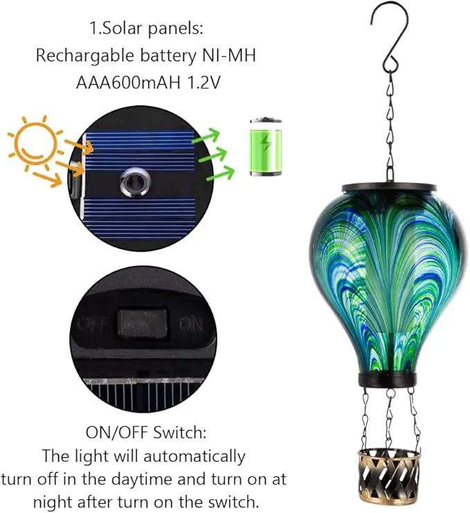 Starsoul Hot Air Balloon Solar Lantern Flickering Flame Light Tie-Dye Style Glass Solar Powered Hot Air Balloon Lamp Hanging Outdoor Lantern Waterproof Decor for Patio, Garden, Porch by GreenHaven Gardens