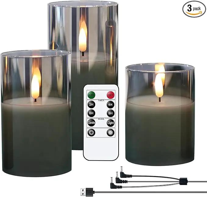 Glass Rechargeable Flameless Candles with Remote Timer, Realistic 3D Wick LED Battery Operated Candles with Flickering Flame,Home Decoration for Wedding Birthday Festival(Grey) by GreenHaven Gardens