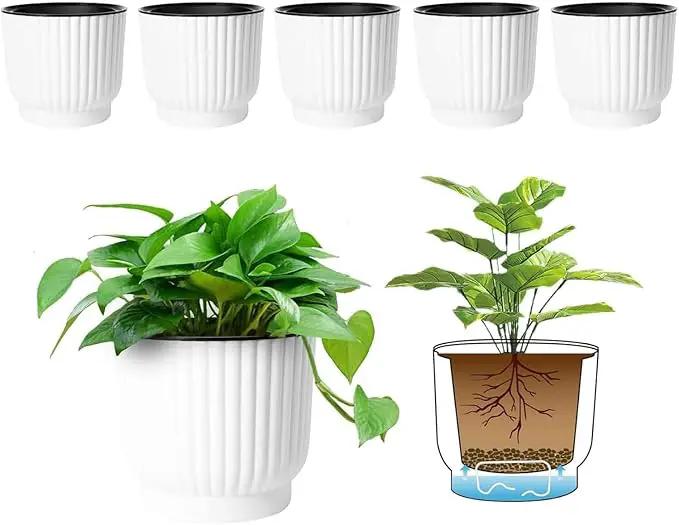 T4U 4.5 Inch Self Watering Pots for Indoor Plants, 6 Pack White Plastic Flower Pots for All House Plants, Flowers, African Violets by GreenHaven Gardens