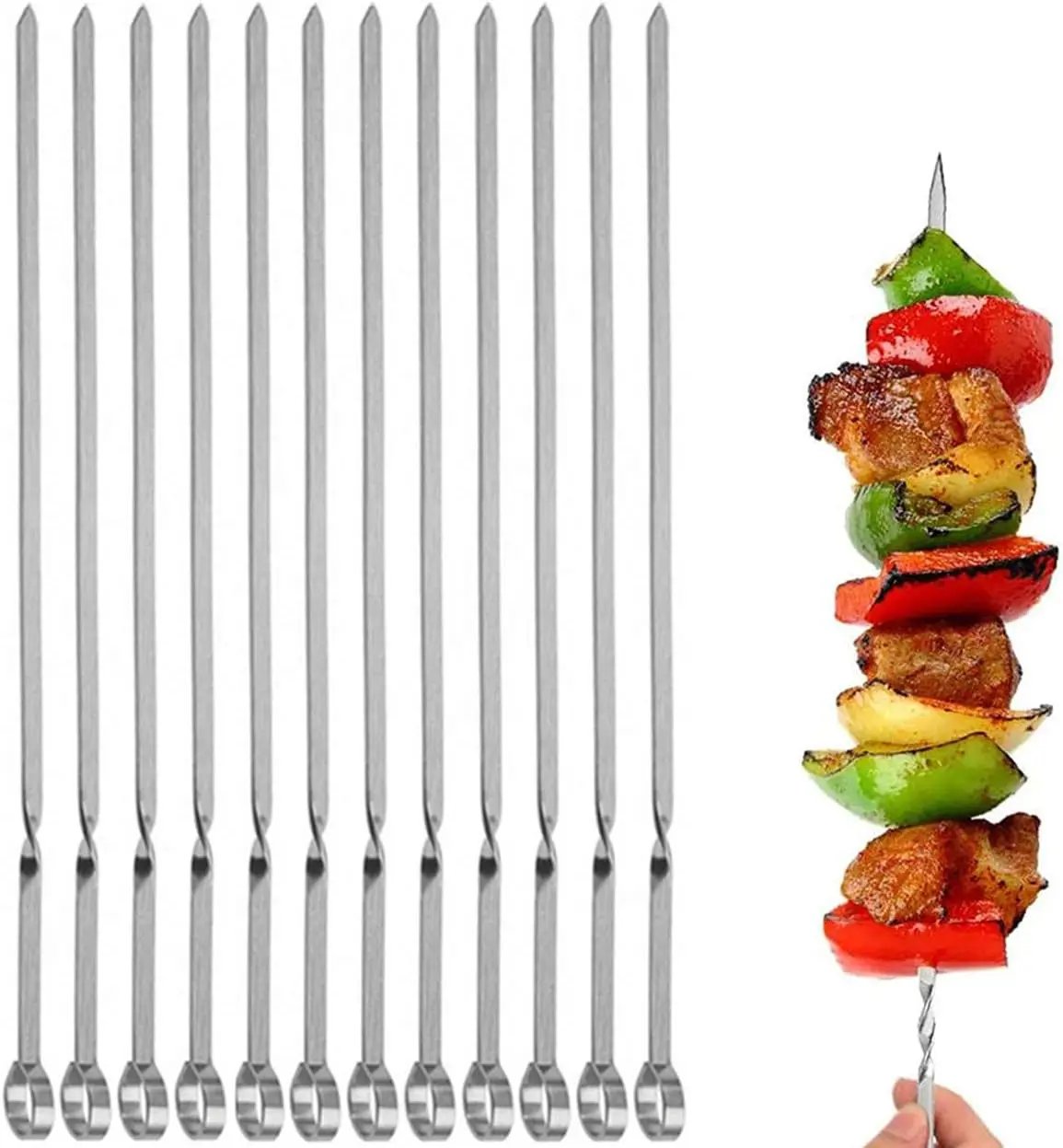 12PCS Kabob Skewers Flat Metal Stainless Steel BBQ Barbecue Skewer 14" Anti-Roll Heavy Duty Shish Kebob Sticks Wide Reusable Grilling Skewers Set for Meat Shrimp Chicken Vegetable Kebab Fork Sausage… by GreenHaven Gardens