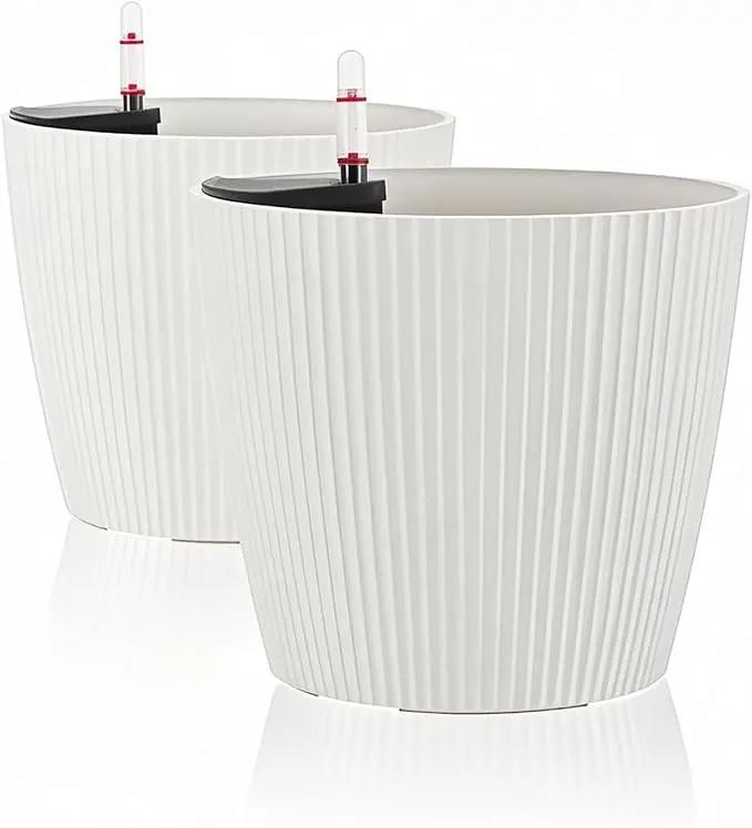 Dexceder 9x8 Self Watering Planters Indoor, Inner Mat Design, Table Flower Plant Pot with Water Level Indicator (2 Pack, White) by GreenHaven Gardens