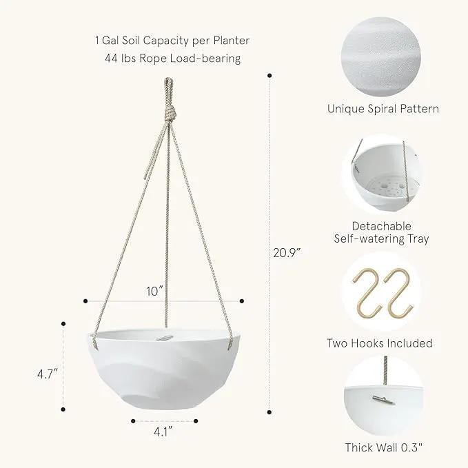 La Jolie Maison 10 Inch Hanging Planters for Indoor Plants, Outdoor Garden Planter Pots with Self-Watering Tray, Eggshell White, Set of 2 by GreenHaven Gardens