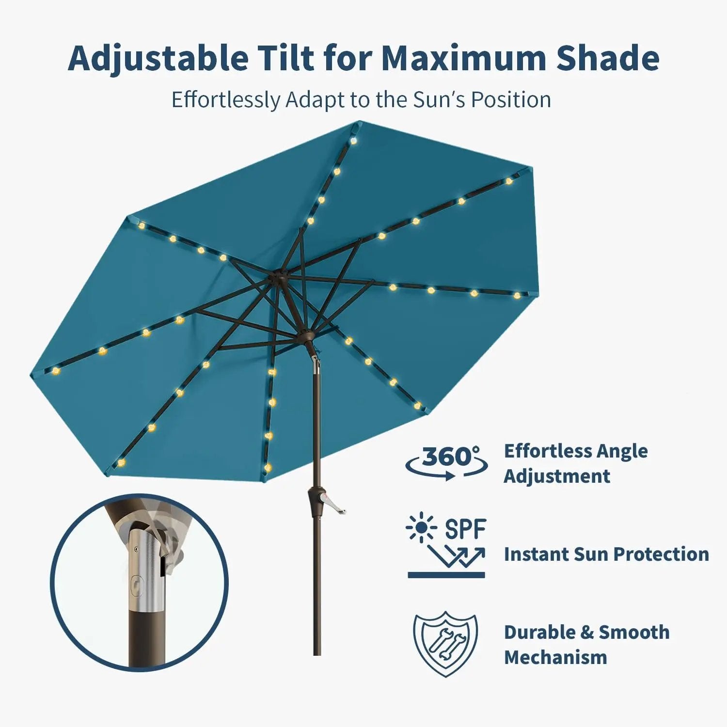 9FT Solar Umbrella 32 LED Lighted Patio Umbrella Table Market Umbrella w/Tilt and Crank, UV-Resistant Outdoor Umbrella for Pool, Garden, Deck, Lake Blue by GreenHaven Gardens