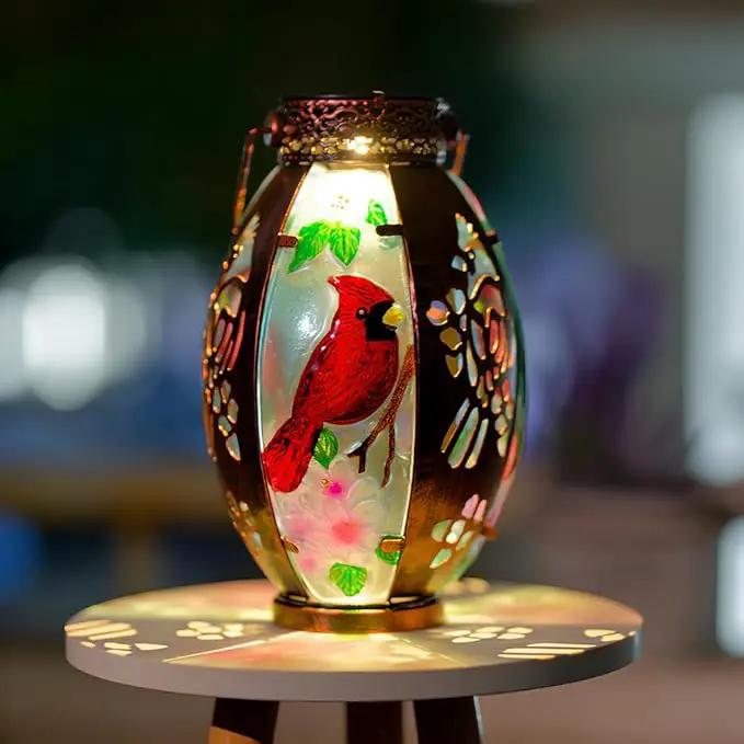 Starsoul Cardinal Outdoor Solar Lantern - Metal & Stained Glass Cardinal Solar Light, Waterproof Tabletop Lamp with Hollowed-Out Design for Yard, Patio, Garden, Pathway by GreenHaven Gardens