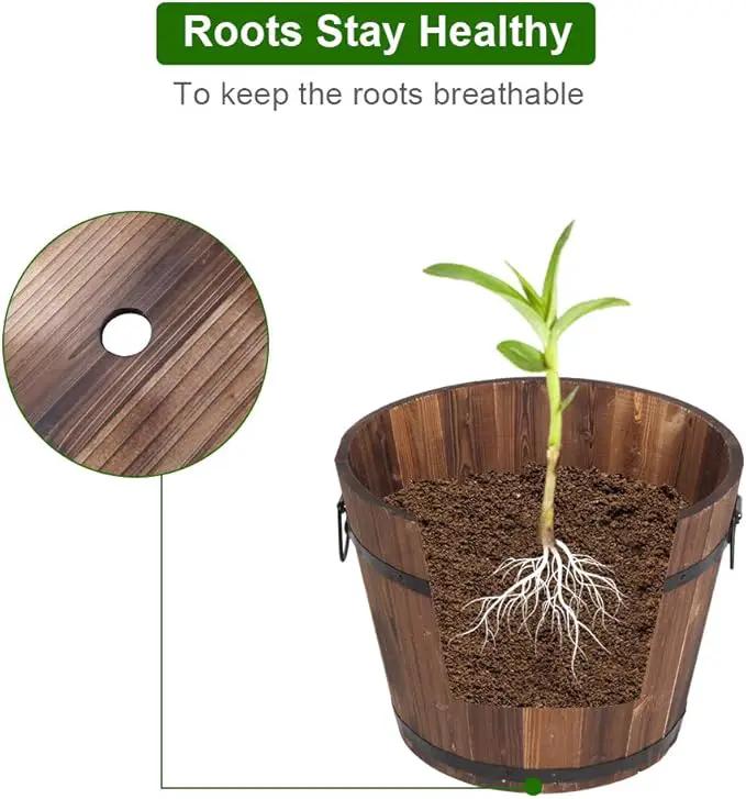 3 Pcs Wooden Planter Barrel Set, Outdoor Flower Pots with Handle & Drainage Holes, Rustic Whiskey Barrel Planter for Plants, Herbs, Veggies, Indoor Outdoor Use by GreenHaven Gardens