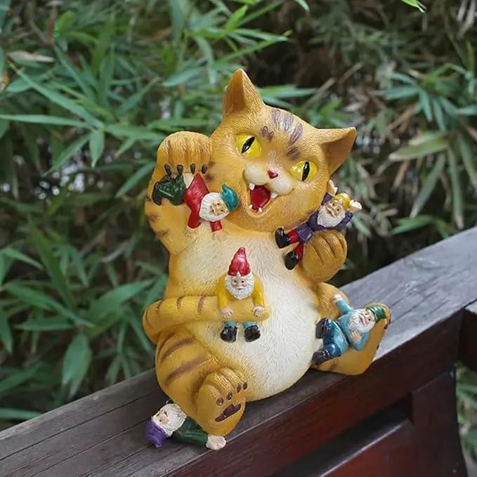 Garden Cat Decor Statue Figure Cat Eating Gnomes Statues for Outdoor Cat Gifts for Mom Patio Lawn Yard Decor (Fat cat) by GreenHaven Gardens