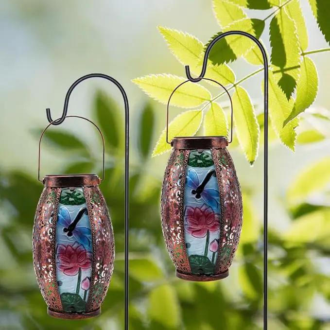 2PCS Dragonfly Solar Lanterns Glass & Metal Hanging Light Outdoor Waterproof 16" H Tabletop Lamp with Hollowed-Out Design with Shepherd's Hooks for Garden Patio Table Decor by GreenHaven Gardens
