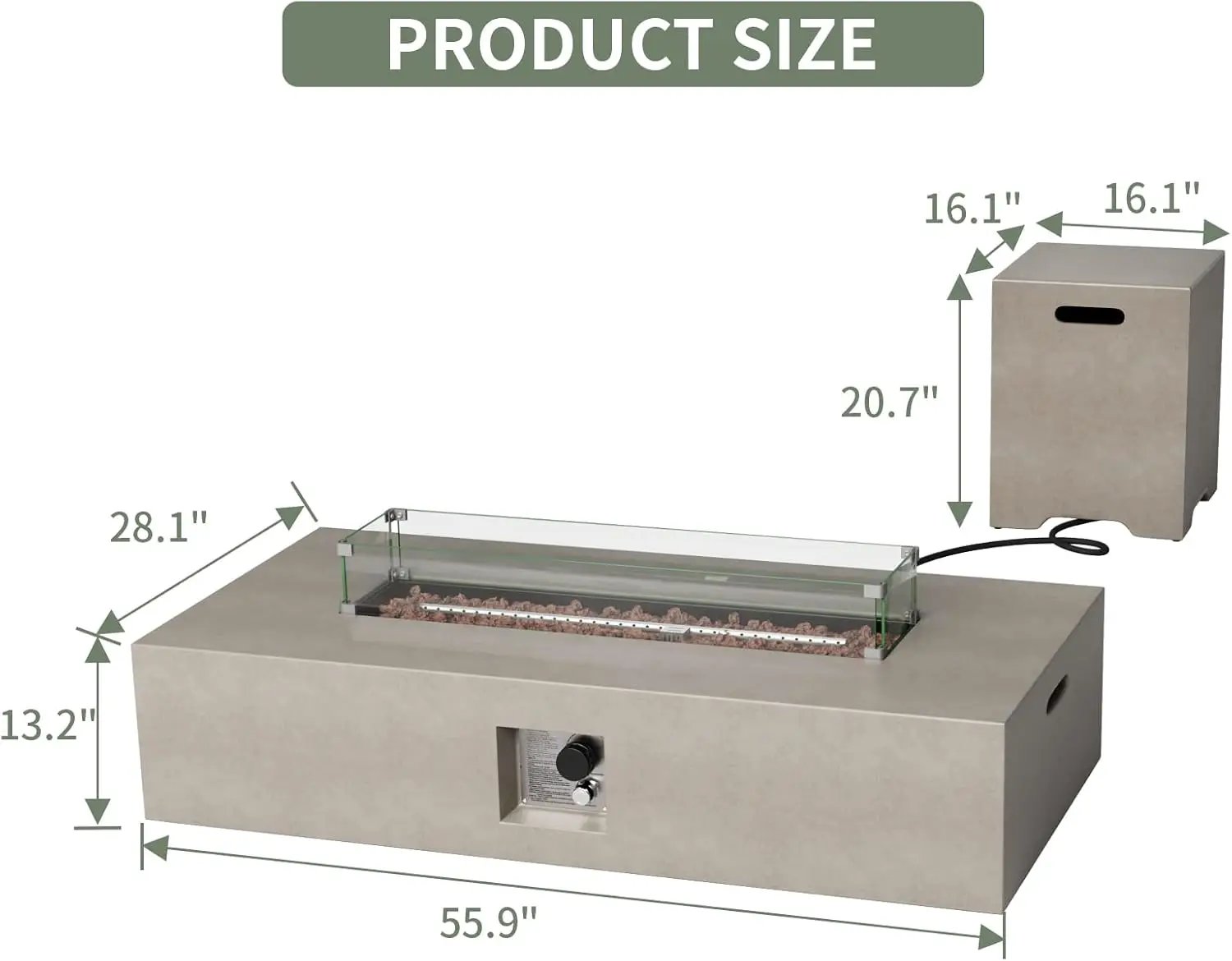 COSIEST 2-Piece Outdoor Propane Fire Table Set, Rectangle Concrete 56" x 28" Gray Fire Pit (CSA Certified, 50,000 BTU) w 20lb Tank Table, Wind Guard, Waterproof Cover for Garden, Porch, Backyard by GreenHaven Gardens