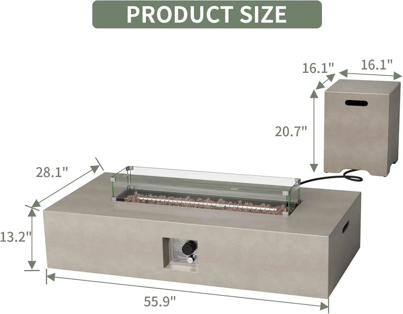 COSIEST 2-Piece Outdoor Propane Fire Table Set, Rectangle Concrete 56" x 28" Gray Fire Pit (CSA Certified, 50,000 BTU) w 20lb Tank Table, Wind Guard, Waterproof Cover for Garden, Porch, Backyard by GreenHaven Gardens