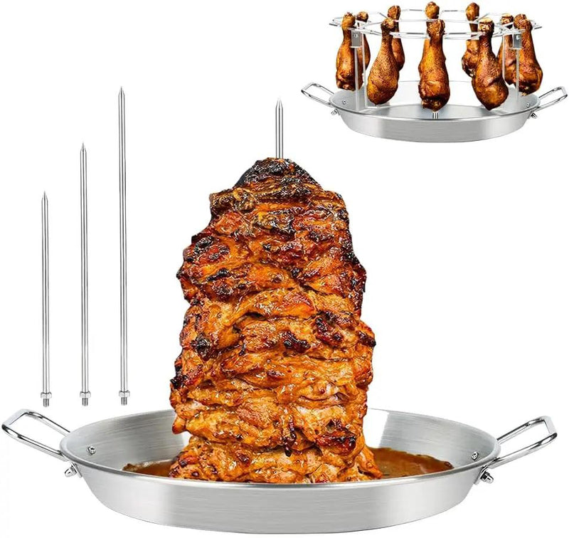 13" Vertical Skewer Gyro Pan Spit Shawarma Stand for oven with Chicken Leg Rack, Al Pastor Skewer for Grill, El Pastor Hack for Tacos Chicken, Brazilian, Stainless Steel, with 8",10" and 12" stick by GreenHaven Gardens