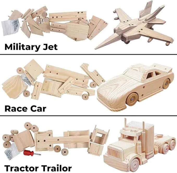 Kraftic Woodworking Building Kit for Kids and Adults, 3 Educational DIY Carpentry Construction Wood Model Kit Toy Projects for Boys and Girls - Build a Wooden Military Jet Race Car and Tractor Trailer by GreenHaven Gardens