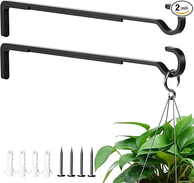 15 Inch 2 Black Pack Heavy Duty Outdoor Plant Hangers for Hanging Baskets, Iron Hanging Plant Brackets for Hanging Plants Outside, Metal Plant Hooks Plant Wall Hooks for Hanging Lantern, Bird Feeder by GreenHaven Gardens