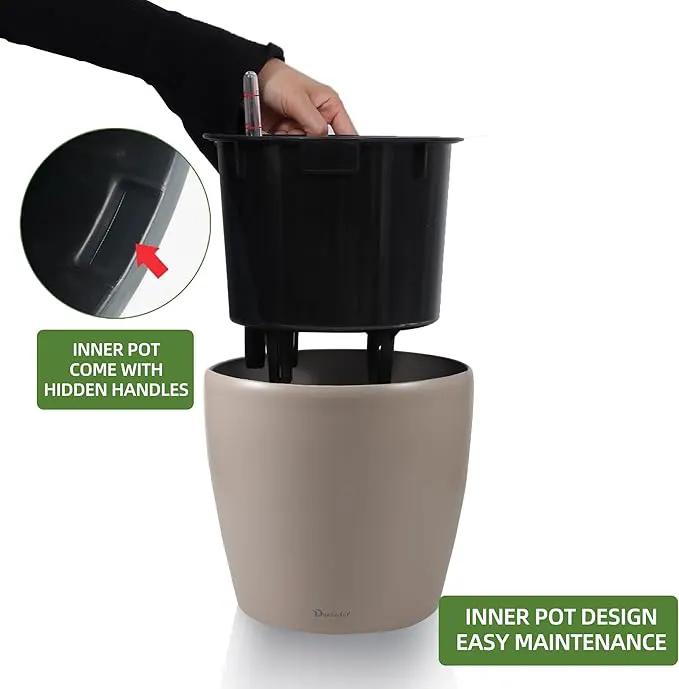Dexceder 9x8 Inches Self Watering Planter Indoor Outdoor, Inner Pot Design, Thickened Table Flower Plant Pot with Water Level Indicator (Taupe Matte) by GreenHaven Gardens