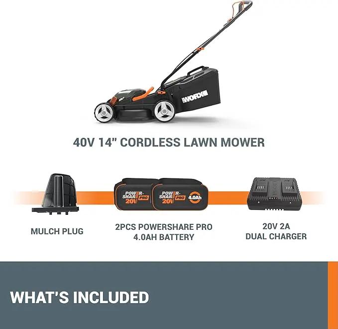 WORX 40V 14" Cordless Lawn Mower for Small Yards, 2-in-1 Electric Mower Cuts Quietly, Compact & Lightweight Push Lawn Mower with 6-Position Height Adjustment WG779 – 2 Batteries & Charger Included by GreenHaven Gardens