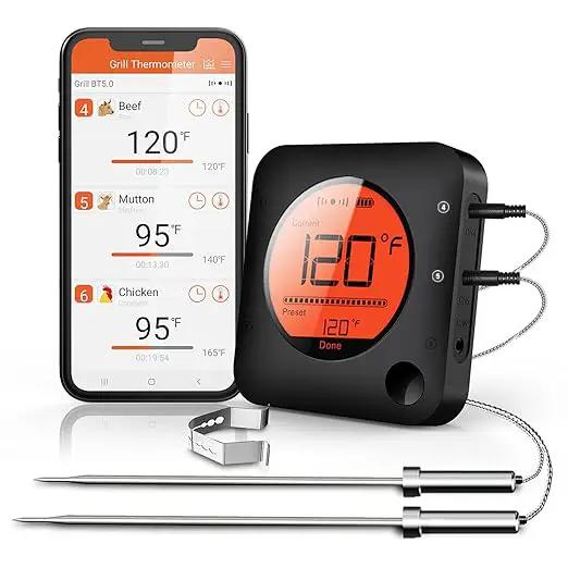 BFOUR Meat Thermometer Wireless Bluetooth, LCD Digital Meat Thermometer with Dual Probe, Wireless Remote BBQ Thermometer for Smoker Kitchen Cooking Grill Thermometer for Grilling BBQ Oven by GreenHaven Gardens