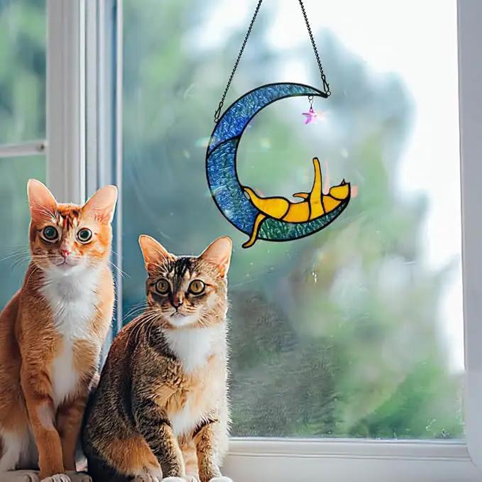 BOXCASA Orange Cat Suncatchers for Windows Hanging,Stained Glass Cat on Moon,Crystal Suncatcher Prism Hanging,Cat Gifts for Women Mom Cat Lovers by GreenHaven Gardens