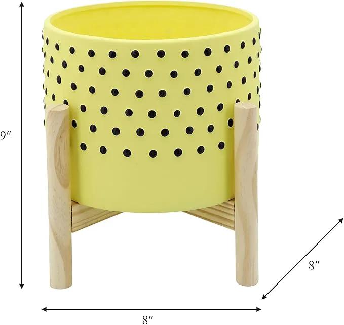 Sagebrook Home 8" Planter on Stand - Ceramic Planter on Wooden Base - Contemporary Yellow and Black Dotted Design Indoor or Outdoor Plant Stand Decor by GreenHaven Gardens