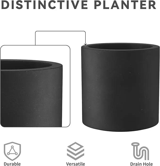 Kante 9.8" Dia Round Concrete Planter, Modern Style Large Cylindrical Plant Pot with Drainage Hole and Rubber Plug for Indoor Outdoor Patio, Black by GreenHaven Gardens