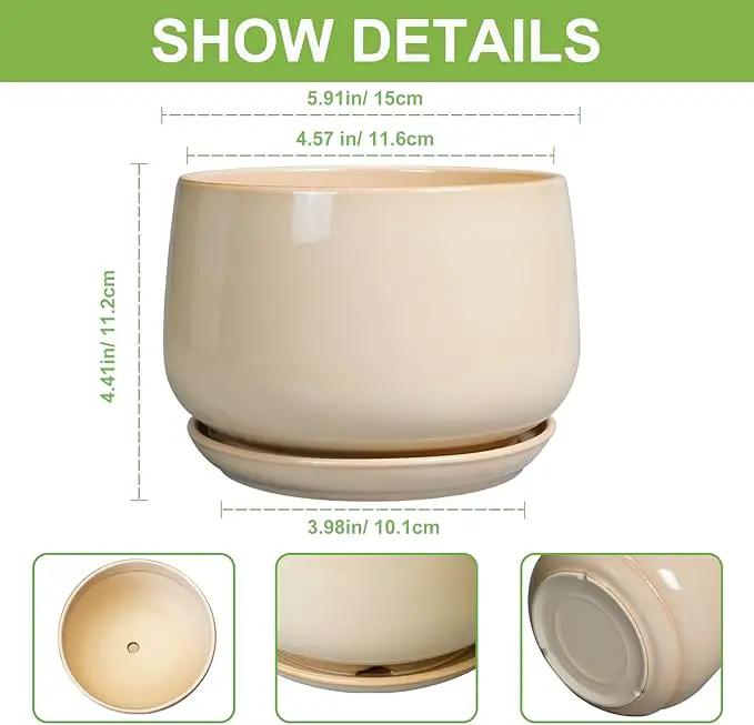 G EPGardening Ceramic Pot for Plants - 6 Inch Planter with Drainage and Ceramic Saucer, Flower Pots for Indoor Plants, Modern Outdoor Planter, Home Decor, Gift for Women Men, Beige by GreenHaven Gardens