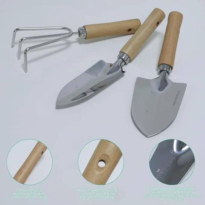 LeMotech Garden Tool Set, 3Pcs Stainless Steel Heavy Duty Gardening Kit Including Trowel Transplanter Cultivator Gardening Hand Tools with Beech Handle, Planting Tool for Women Men by GreenHaven Gardens