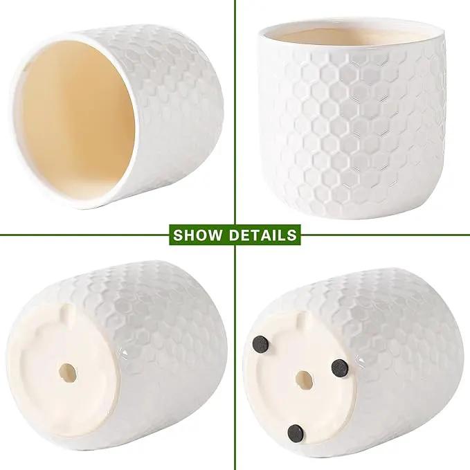Docrin Plant Pots Indoor with Drainage: 6.4+5.3+4 Inch Ceramic Flower Pots for Plants - Set of 3 Modern Decorative Planters for House/Office/Gift - White Honeycomb by GreenHaven Gardens