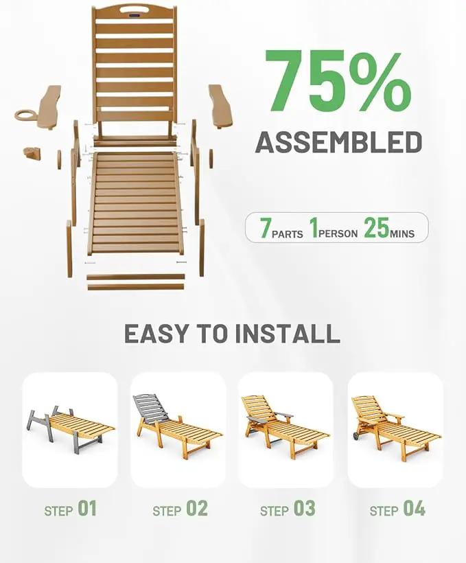 Lounge Chair Outdoor Set of 2, HDPE Chaise Lounge Outdoor with 6-Position & Wheels &Cup Holder, Pool Lounge Chair for Pool Poolside Deck Backyard Patio, Teak by GreenHaven Gardens