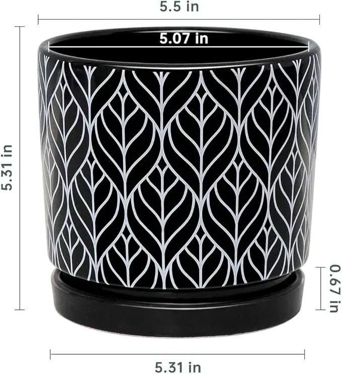 Ton Sin Flower Pots,5.5 Inch Black Ceramic Planter with Drainage Hole,Indoor Cylinder Plant Pots with Saucer,Cactus Succulent Outdoor Garden Pots Set of 4 by GreenHaven Gardens