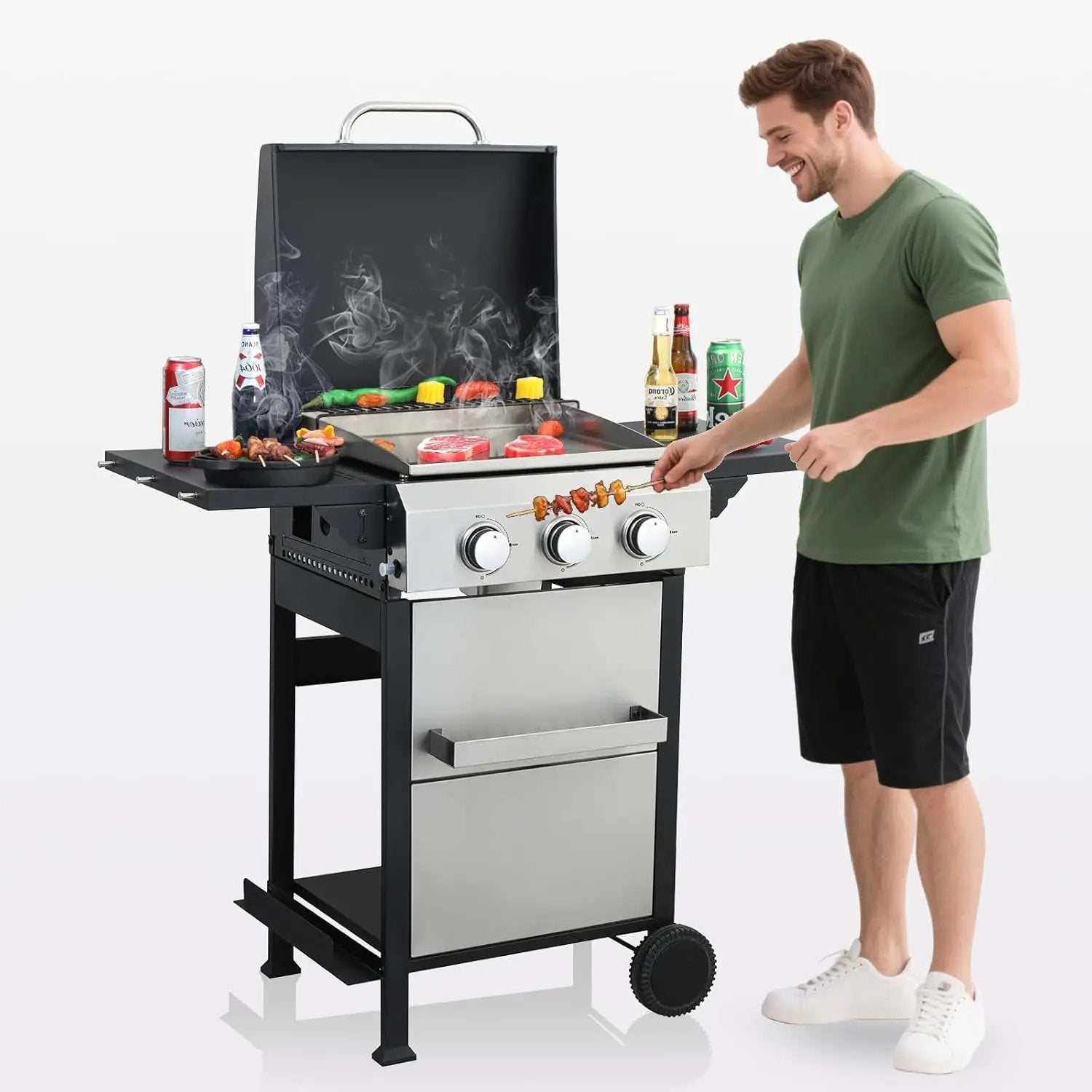 3-Burner Propane Gas BBQ Grill with Porcelain-Enameled Cast Iron Grates, Baking Sheet, 2 Foldable Side Table, 36,900 BTU Stainless Steel Grill for Outdoor Camping Barbecue Grilling Backyard Cooking by GreenHaven Gardens