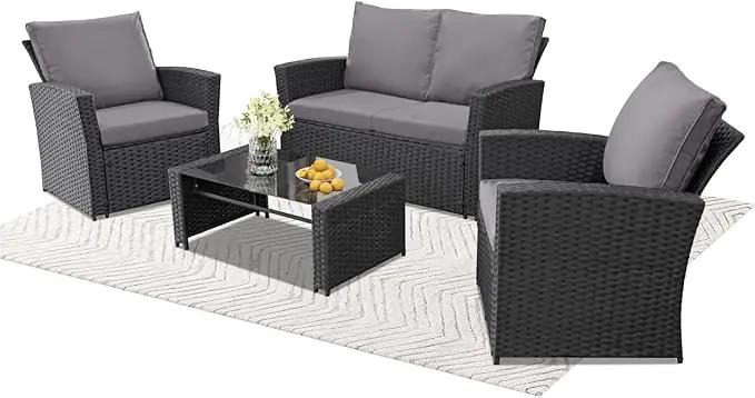 4 Piece Outdoor Patio Furniture Set,Wicker Conversation Sets Outdoor Sectional Patio Sofa Couch with Cushions & Coffee Table for Outside, Garden, Balcony, Porch,Black/Grey by GreenHaven Gardens