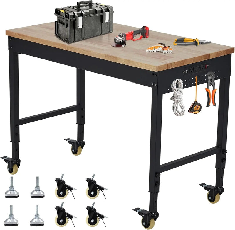 72'' Adjustable Workbench, Heavy Duty Workbench with Power Outlet and Lockable Wheels, 2000 LBS Capacity, Work Table Suitable for Office, Garage, Workshop by GreenHaven Gardens
