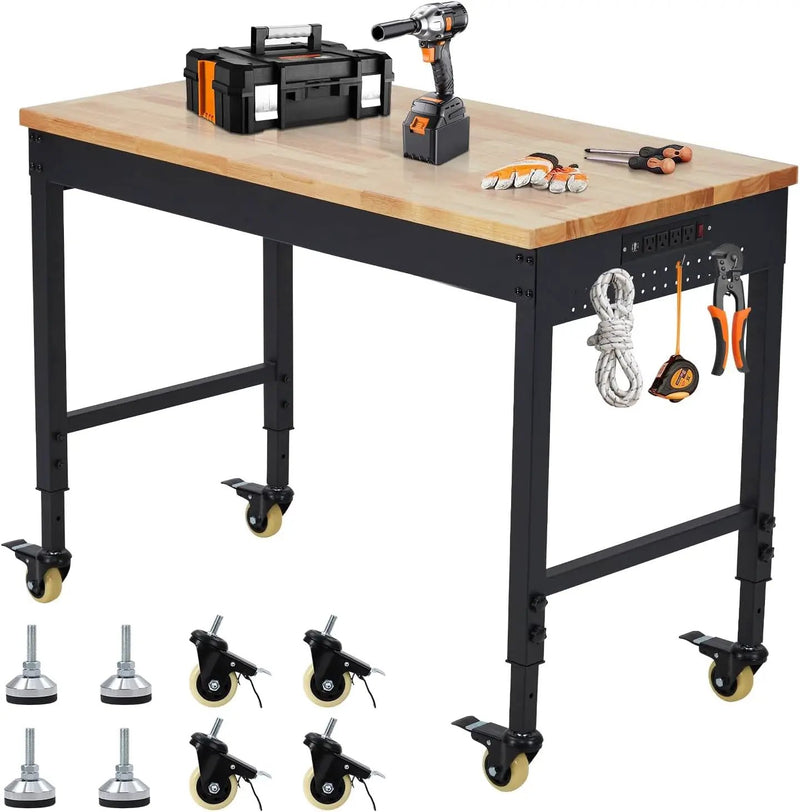 60'' Adjustable Workbench, Heavy Duty Workbench with Power Outlet and Lockable Wheels, 2000 LBS Capacity, Work Table Suitable for Office, Garage, Workshop by GreenHaven Gardens