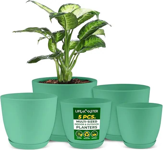 Planter Pots with Drainage Holes - Lightweight, Durable, & Space-Saving Pots for Indoor and Outdoor - Versatile Functionality, Simple Modern Design, Set of 5 Plastic Planter Pots Mint by GreenHaven Gardens