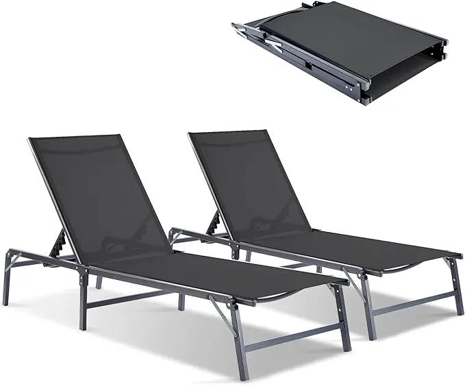 Outdoor Chaise Lounge Chair Set of 2, Foldable & Assemble-Free, 6 Adjustable Positions, Durable Rust-Resistant Frame, Portable Outdoor Pool Lounge Chairs for Pool Patio Beach, Black by GreenHaven Gardens