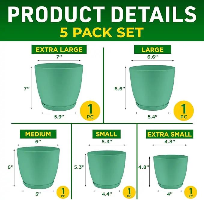 Planter Pots with Drainage Holes - Lightweight, Durable, & Space-Saving Pots for Indoor and Outdoor - Versatile Functionality, Simple Modern Design, Set of 5 Plastic Planter Pots Mint by GreenHaven Gardens