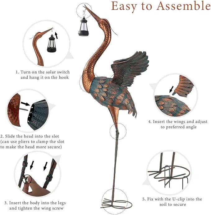 48'' Heron Garden Statue, Large Crane Outdoor Statue with Solar Lantern, Crane Bird Metal Yard Art for Outside Backyard, Pond, Porch Decor by GreenHaven Gardens