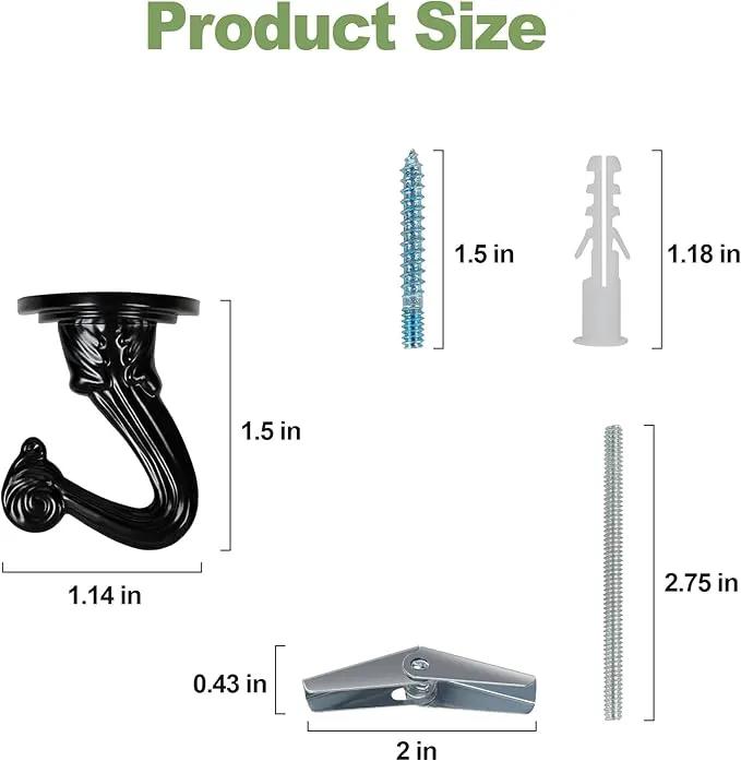 Ceiling Swag Hook Sets - Heavy Duty Hooks with Mounting Hardware for Hanging Plant, Ceiling or Extender Chains - Easy Install with Screws/Brackets (10 pcs - Black) by GreenHaven Gardens