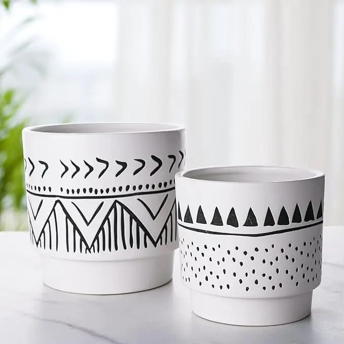 Boho 6 Inch Ceramic Plant pots, Geometric Ceramic Embossed Flower Pots Indoor with Drainage Holes, 2 Set Minimalistic Planters for Indoor and Outdoor Plants(Beige&Black) by GreenHaven Gardens