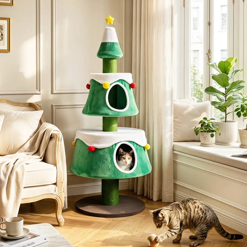 61.5" Christmas Tree Cat Tower with 2 Condos & Scratching Posts by DirectDeals