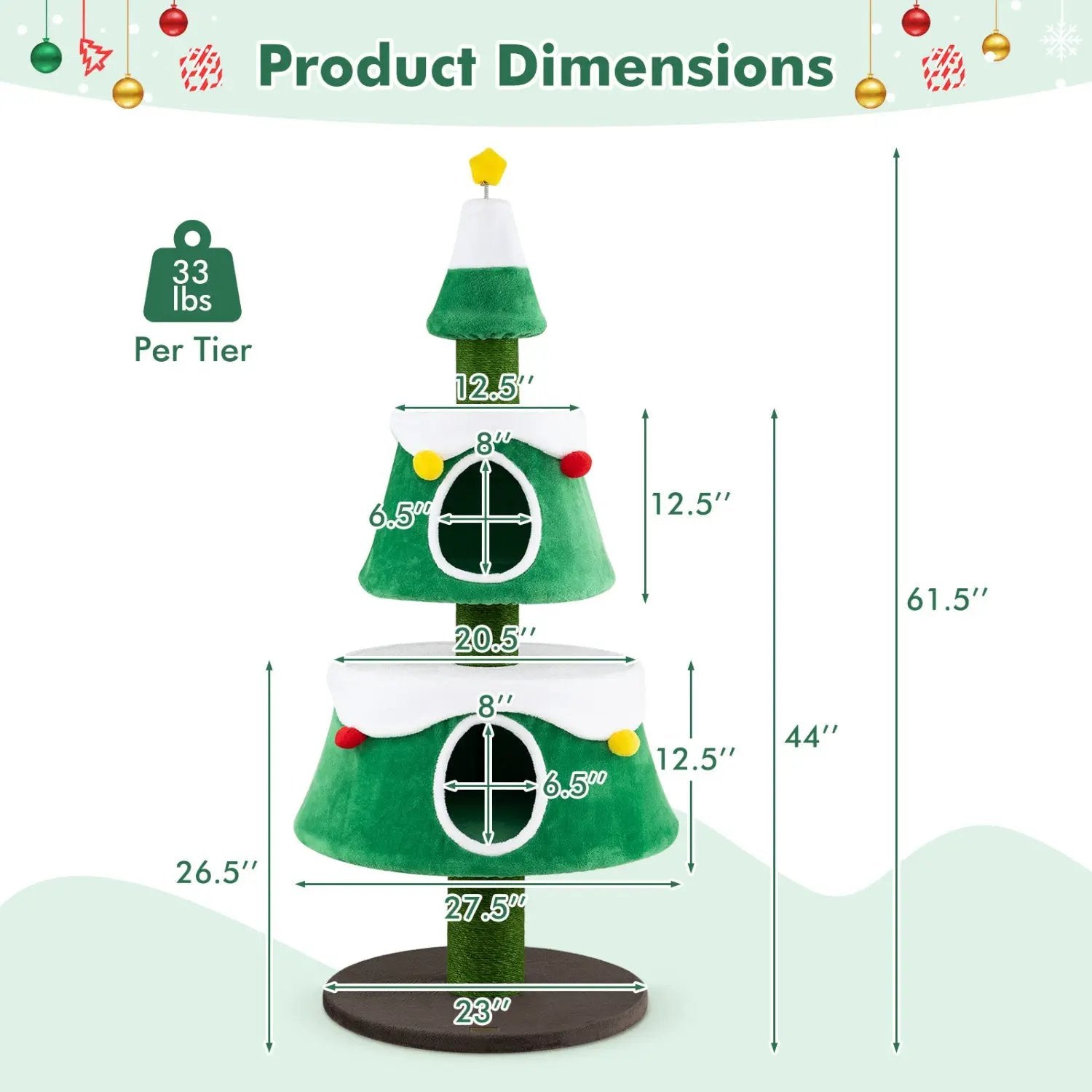 61.5" Christmas Tree Cat Tower with 2 Condos & Scratching Posts by DirectDeals