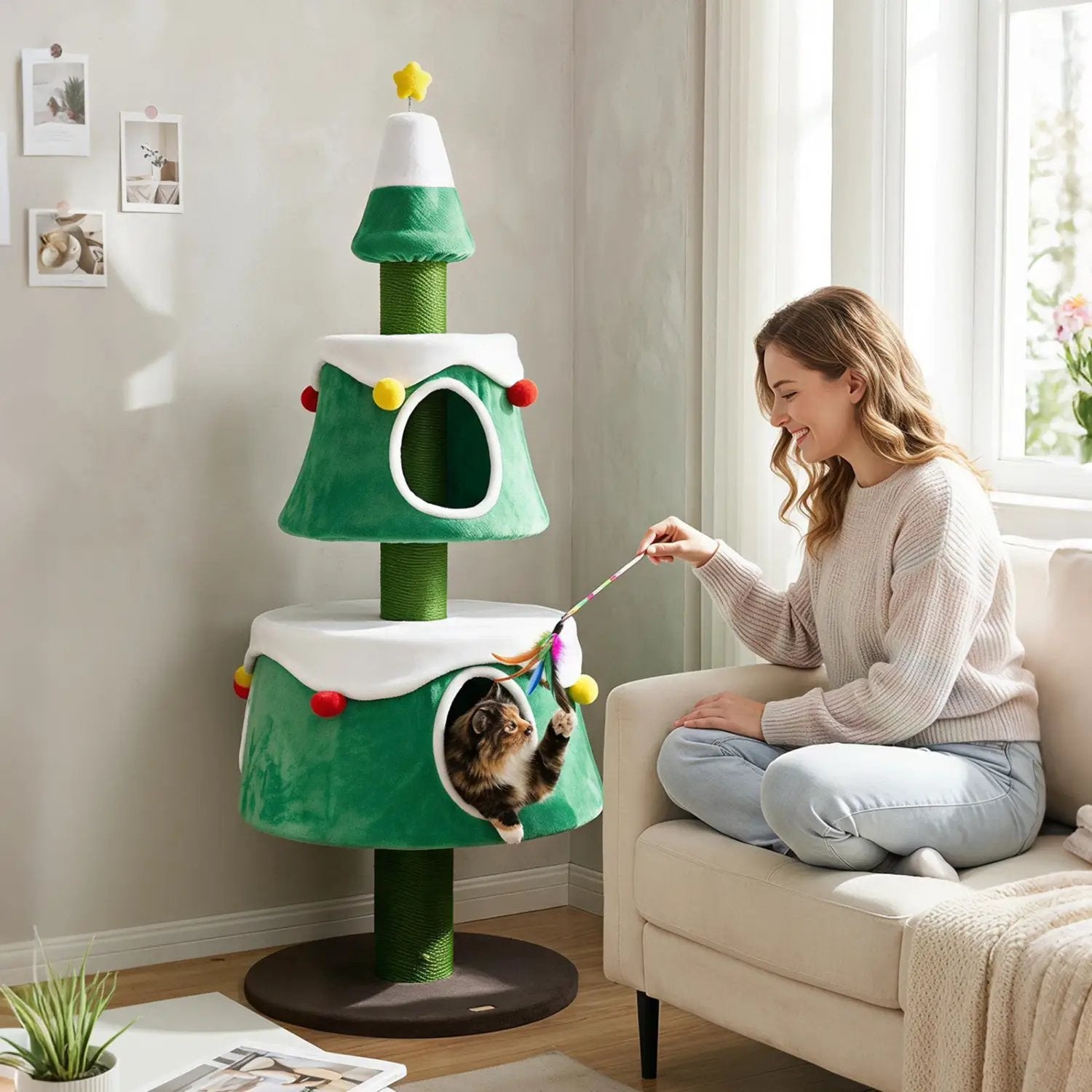 61.5" Christmas Tree Cat Tower with 2 Condos & Scratching Posts by DirectDeals