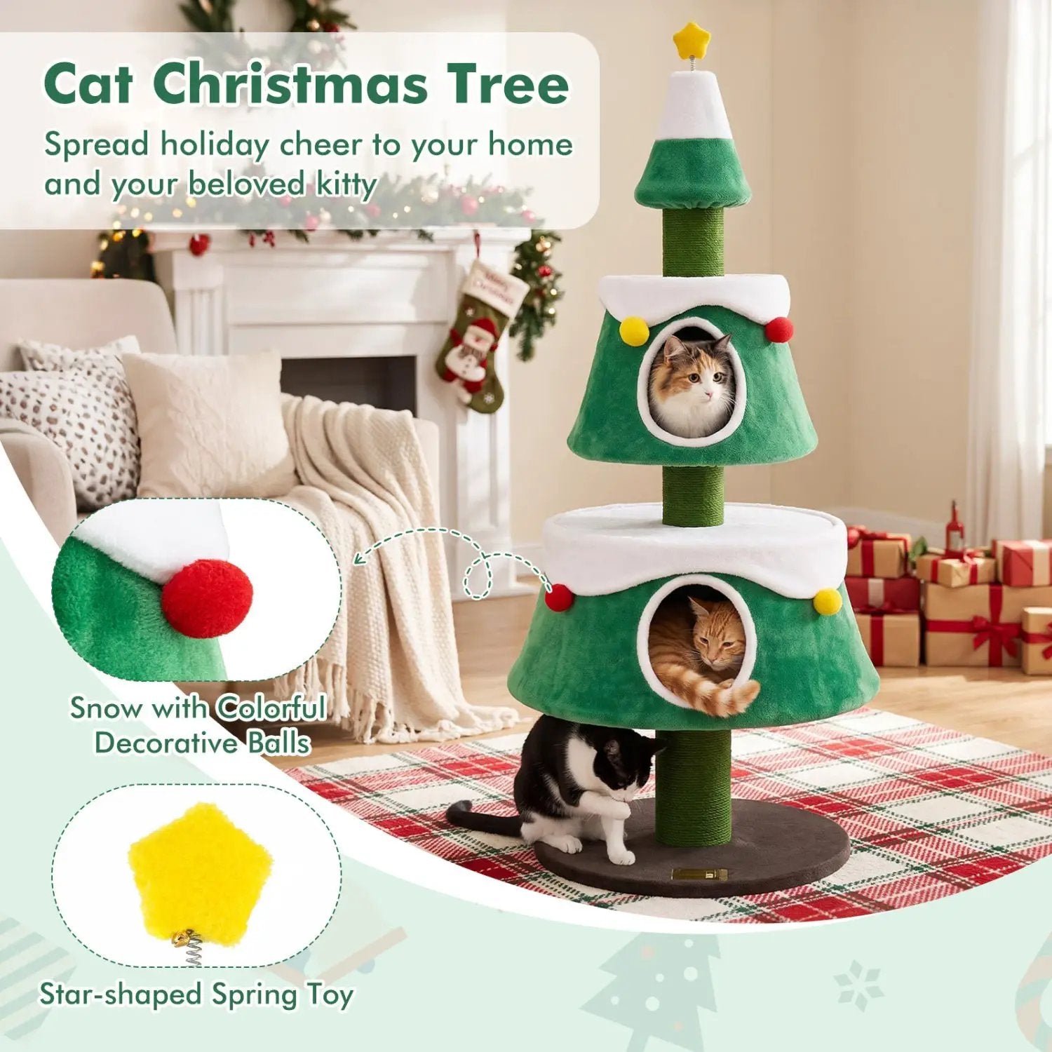 61.5" Christmas Tree Cat Tower with 2 Condos & Scratching Posts by DirectDeals